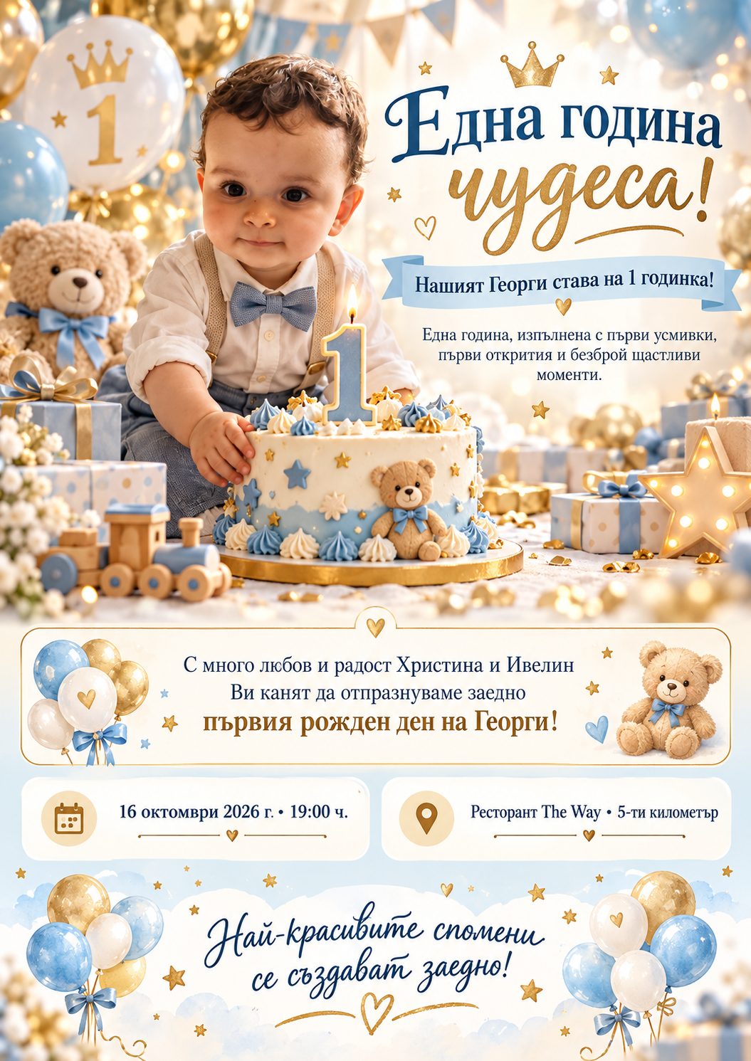 Празнична графика на Георги с първата му торта, балони, подаръци и покана за рожден ден